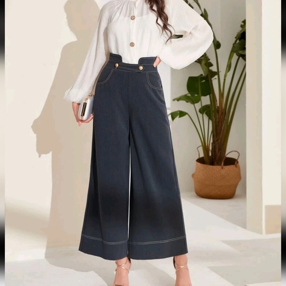High Waist Top-stitching Wide Leg Pants - Picture 4 of 5